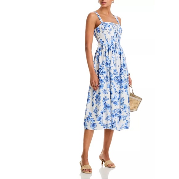 Aqua Lace-up Linen Blend Floral Midi Dress in White / Blue - Picture 1 of 4
